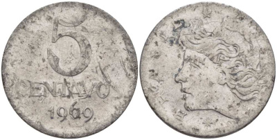 Бразилия 5 сентаво 1969 реформа 1967-1985, голова свободы влево KM 577.1 нержавеющая сталь 36-526