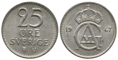 Швеция 25 эре 1967 U Густав VI Адольф (1950-1973) KM 836 медно-никель 3458-152