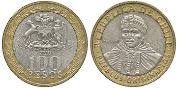 Чили 100 песо 2010 индейцы Мапуче KM 236 биметалл 72-121