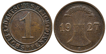 ГЕРМАНИЯ 1 РЕЙХСПФЕННИГ 1927 E KM 37, J. 313 бронза 39-941