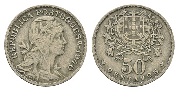 Португалия 50 сентаво 1940 голова Свободы вправо KM 577 никель латунь 4659-631