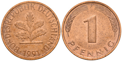 ФРГ 1 пфенниг 1991 F KM 105, J. 380 сталь плакированная медью    4598-665