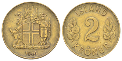 Исландия 2 кроны 1946 год-тип KM 13 алюминиевая бронза 4666-912