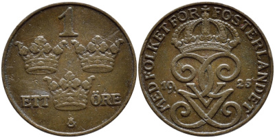 Швеция 1 эре 1925 Густав V (1907-1950) KM 777.2 бронза 4396-163