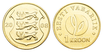 Эстония 1 крона 2008 90 лет Эстонской республике KM 44 латунь UNC M84-16