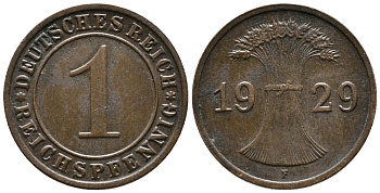 ГЕРМАНИЯ 1 РЕЙХСПФЕННИГ 1929 F KM 37, J. 313 бронза 39-1024