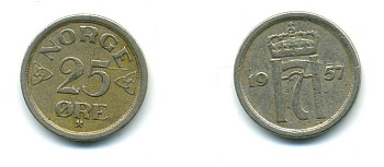 НОРВЕГИЯ 25 ЭРЕ 1957 KM 401 медно-никель 4364-944