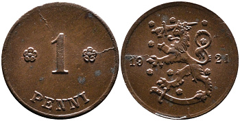 ФИНЛЯНДИЯ 1 ПЕННИ 1921 KM 23 медь 4387-367