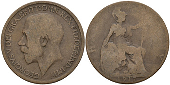 Великобритания 1/2 пенни 1917 Георг V (1910-1936) KM 809, Spink 4056 бронза 4143-653