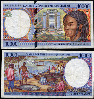 Центрально-африканские штаты, Конго 10000 франков 1997 Здание Банка центральноафриканских государств (Яунде, Камерун) Pick 105C d  бумага   6285-29-2-2