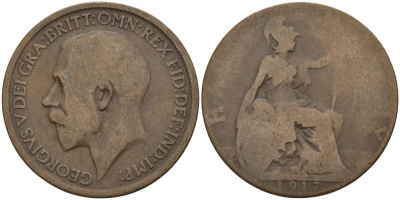 Великобритания 1/2 пенни 1917 Георг V (1910-1936) KM 809, Spink 4056 бронза 4143-653