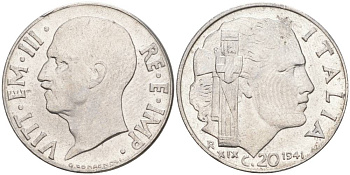ИТАЛИЯ 20 ЧЕНТЕЗИМО 1941 R, ГОД XIX, ВИКТОР ЭММАНУИЛ III (1900-1946) KM 75b, VEM3. 1028 нержавеющая сталь 3853-715