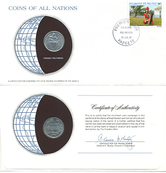 Французская Полинезия 1 франк 1979 конверт с маркой первого дня гашения, Coins of Nations KM 11 алюминий UNC 4294-63-2
