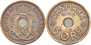 ДАНИЯ 5 ЭРЕ 1928 N ; GJ, КРИСТИАН X (1912-1947) KM 828.2 бронза 4545-313