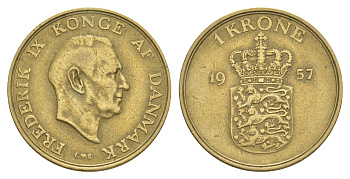 Дания 1 крона 1957 Фредерик IX (1947-1972) KM 837 алюминиевая бронза 4637-224