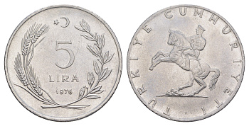 Турция 5 лир 1976 Кемаль Ататюрк KM 905 нержавеющая сталь 4364-4244