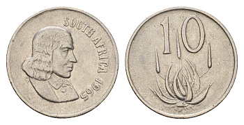 ЮАР 10 центов 1965 Ян ван Рибек (1619-1677), South Africa, легенда на английском, цветок алоэ KM 68.1 медно-никель 4640-1139