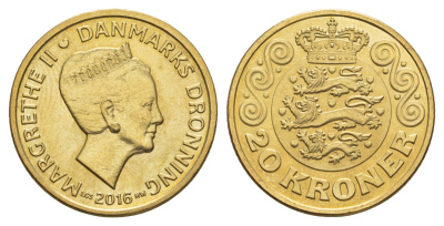 Дания 20 крон 2016 Маргрете II (1972-2024) KM 955 алюминиевая бронза UNC 4648-527