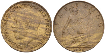 Великобритания 1 фартинг 1921 Георг V (1910-1936) KM 808.2, Spink 4060 бронза 4543-1023