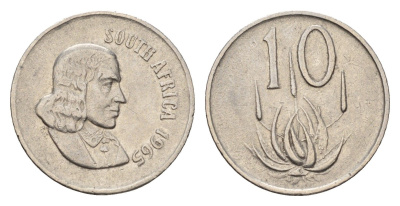 ЮАР 10 центов 1965 Ян ван Рибек (1619-1677), South Africa, легенда на английском, цветок алоэ KM 68.1 медно-никель 4640-1139