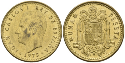 Испания 1 песета 1975 (76) Хуан Карлос I (1975-2001) KM 806 алюминиевая бронза 4155-426