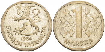 Финляндия 1 марка 1964 S KM 49 серебро 3457-937