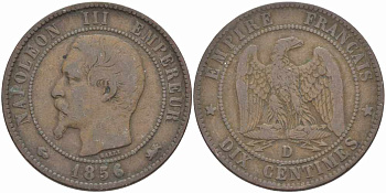 ФРАНЦИЯ 10 САНТИМОВ 1856 D, НАПОЛЕОН III (1852-1870) KM 771.4, LE FRANC 133.35 бронза 38-1221