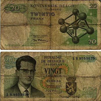 Бельгия 20 франков 1964 Бодуэн I, атомиум, d Haeze Pick 138 (1) бумага 7219-42-3-2