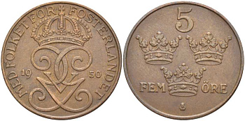 Швеция 5 эре 1950 Густав V (1907-1950) KM 779.2 бронза 115-922