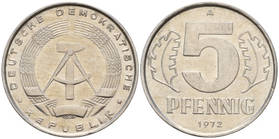 ГДР 5 пфеннигов 1972 А KM 9.1 алюминий    4598-111