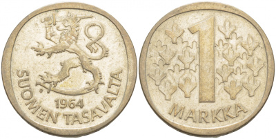 Финляндия 1 марка 1964 S KM 49 серебро 3457-937