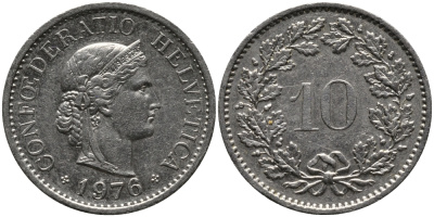 Швейцария 10 раппенов 1976 KM 27 медно-никель 33-253