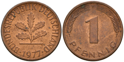 ФРГ 1 пфенниг 1977 F KM 105, J. 380 сталь плакированная медью    4598-555