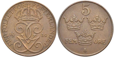 Швеция 5 эре 1950 Густав V (1907-1950) KM 779.2 бронза 115-922