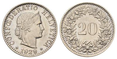 Швейцария 20 раппенов 1929 KM 29 никель 4682-922