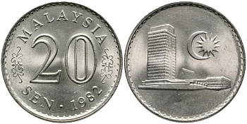 Малайзия 20 сенов 1982 здание Парламента KM 4 медно-никель UNC 3336-637