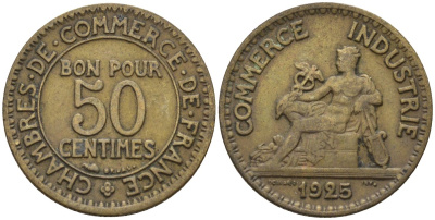 Франция 50 сантимов 1925 Тип Chambre de Commerce KM 884 алюминиевая бронза 4596-727
