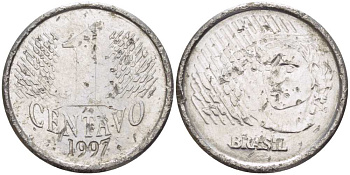 БРАЗИЛИЯ 1 СЕНТАВО 1997 РЕФОРМА 1994-, ГОЛОВА СВОБОДЫ ВЛЕВО KM 631 нержавеющая сталь 51-2935