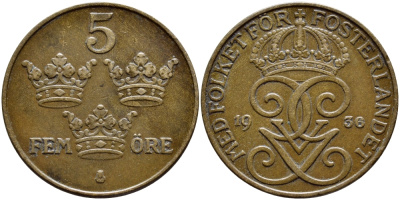 Швеция 5 эре 1936 короткая 6, Густав V (1907-1950) KM 779.2 бронза 4394-932