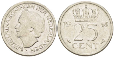 НИДЕРЛАНДЫ 25 ЦЕНТОВ 1948 ВИЛЬГЕЛЬМИНА (1890-1948) KM 177 никель 211-625