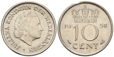 Нидерланды 10 центов 1958 Юлиана (1948-1980) КМ 182 никель    4602-529
