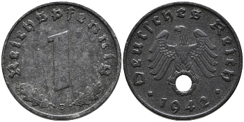 ГЕРМАНИЯ 1 РЕЙХСПФЕННИГ 1942 D KM 97, J.369 цинк 96-737