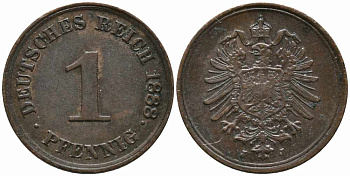 ГЕРМАНИЯ 1 ПФЕННИГ 1888 J, СТАРОГЕРБОВКА KM 1, J. 1 медь 112-124