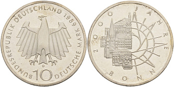 ФРГ 10 марок 1989 D, 2000 лет городу Бонну J. 447, KM 172 серебро 4558-313