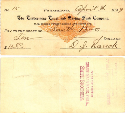США чек на 18 долларов 1899 Филадельфия бумага 2196-50-1-1