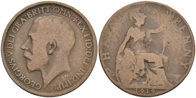 Великобритания 1/2 пенни 1919 Георг V (1910-1936) KM 809, Spink 4056 бронза 4116-1235