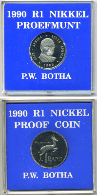 ЮАР 1 РАНД 1990 ПРЕЗИДЕНТ ПИТЕР ВИЛЛЕМ БОТА, ТИРАЖ 15000 ЭКЗ., В ОРИГИНАЛЬНОЙ ПЛАСТИКОВОЙ КОРОБКЕ KM 141 никель PROOF 3-4-1-25
