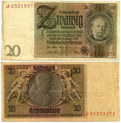 ГЕРМАНИЯ 20 РЕЙХСМАРОК 1929 Pick 181a бумага 3295-75-1