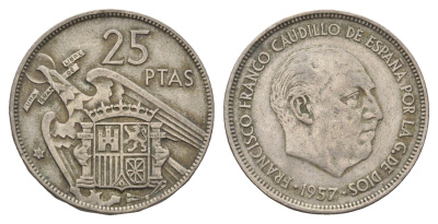 Испания 25 песет 1957 (68) Франсиско Франко (1939 - 1975) KM 787 медно-никель 4633-1053