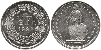 ШВЕЙЦАРИЯ 1/2 ФРАНКА 1992 В KM 23а.3 медно-никель 4528-566
